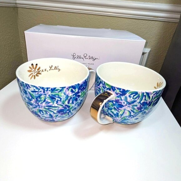 Lilly Pulitzer Other - Lilly Pulitzer Vibrant Blues w Gold Handle Mugs (2) NIB